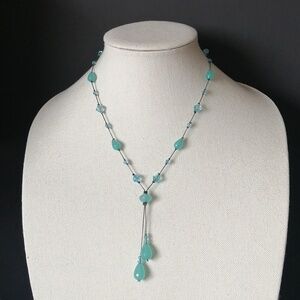 Dabby Reid "Y" Necklace Double Dangle Aquamarine Swarowski AB Faceted Beads
